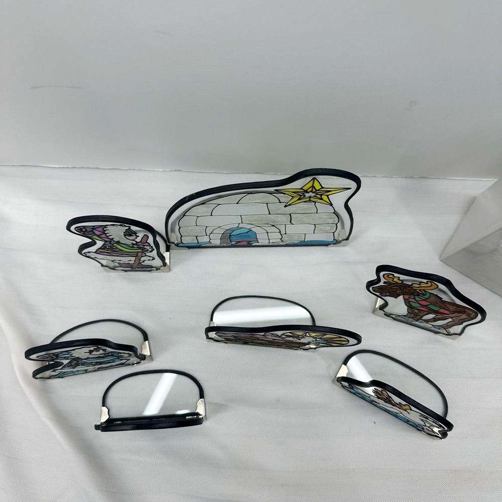 Arctic Circle Alaskan Stained Painted Glass 7 Pc Nativity Igloo Moose Seal Snow - Picture 9 of 13